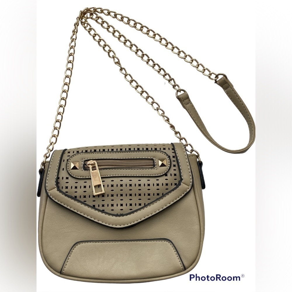 PIJU perforated fx leather gold chain crossbody